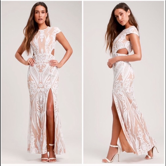 Lulus Dresses & Skirts - Emily White and Nude Sequin Cutout Dress
